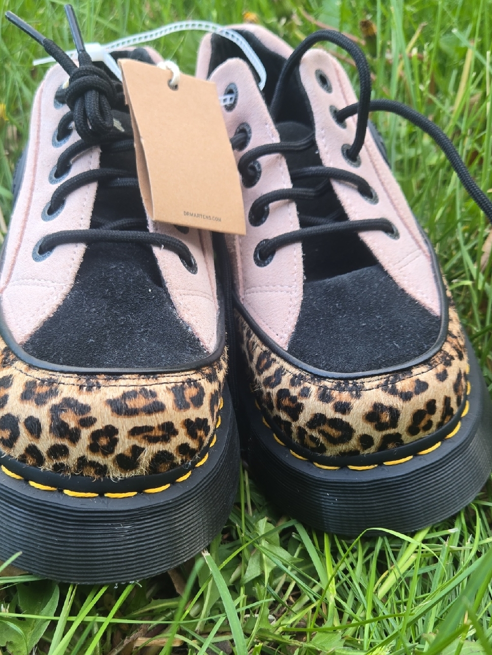 Dr. Martens Pink and Black Lace-Up Platform Shoes with Leopard Toe NWT